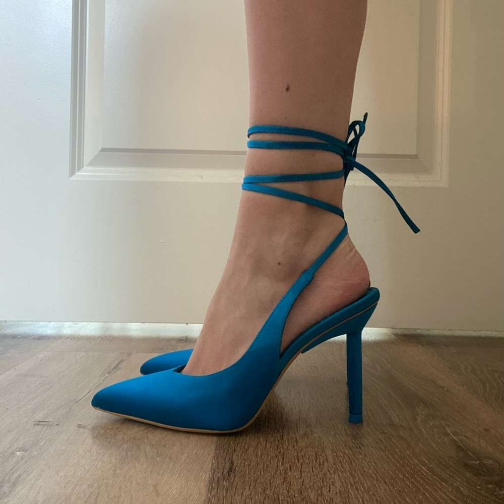 gianni bini lace up blue satin heels